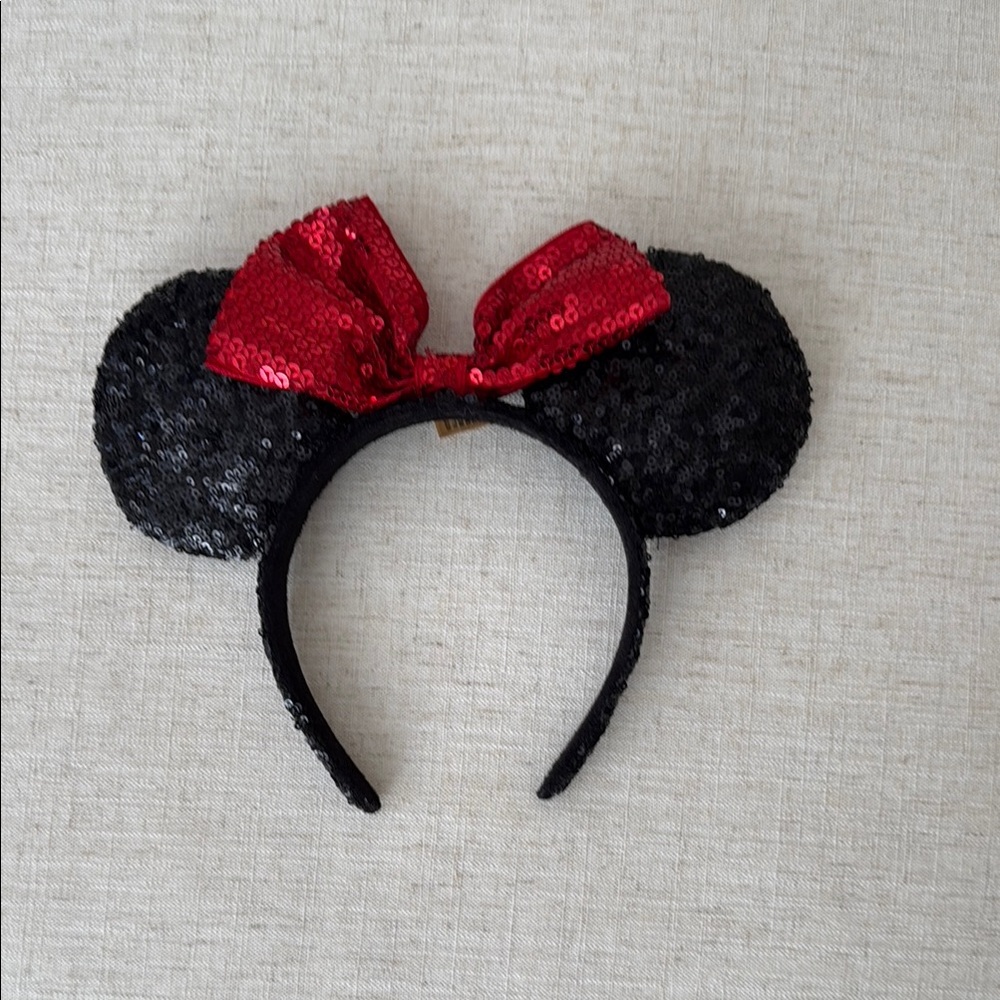 Disney Minnie Mouse Sequin Black Ears with Red Bow Headband